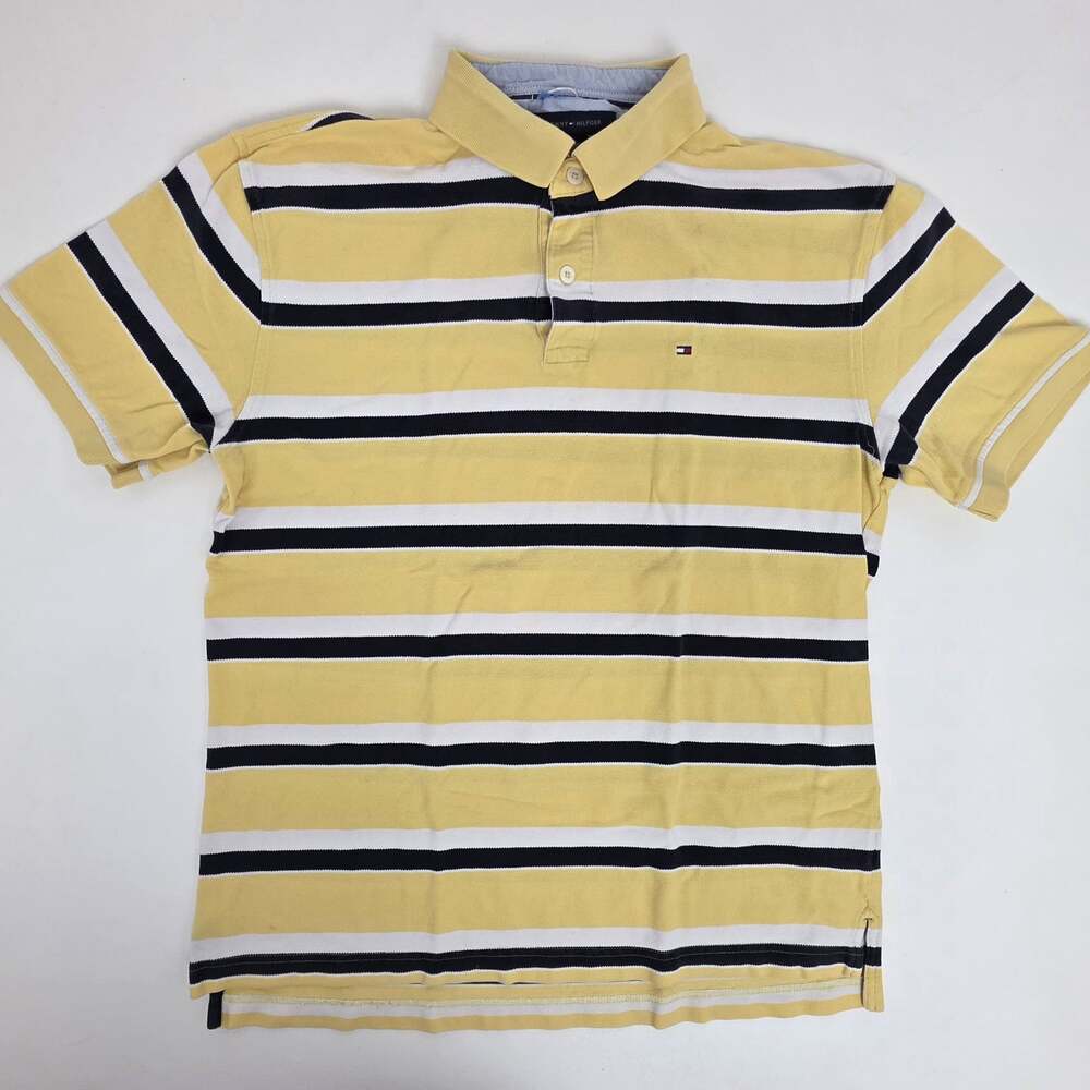 Tommy Hilfiger Men's XL Striped Short Sleeve Polo Shirt Yellow White Navy